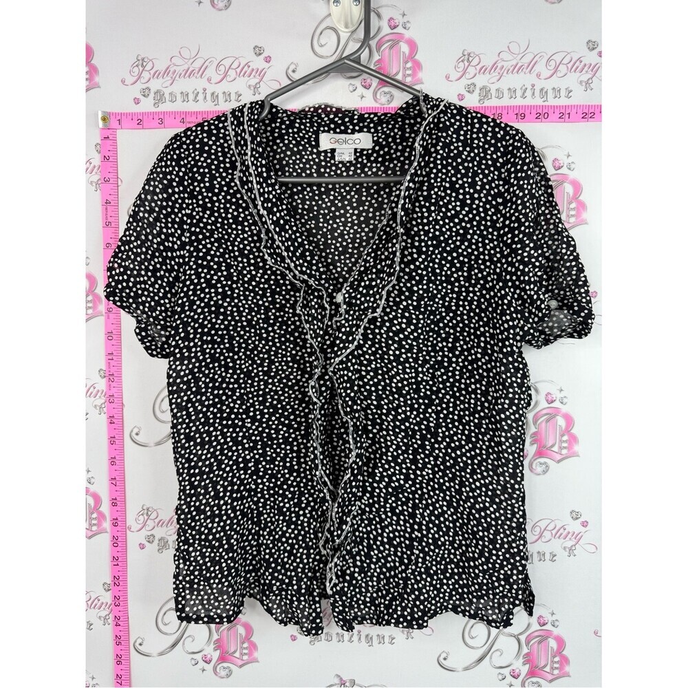 Gelco tshirt button up dots Black White Polka Dot Ruffle Front Short Sleeve Top
